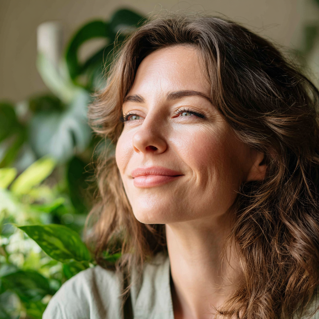 Усміхнена європейська жінка середнього віку з здоровою, сяючою шкірою, яка тримає натуральні трав'яні засоби в руках на природному фоні