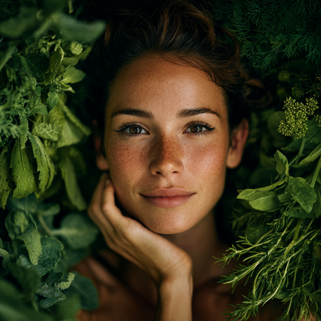 Спокійний європейський чоловік середнього віку медитує у природному саду серед лікарських трав та зелених рослин