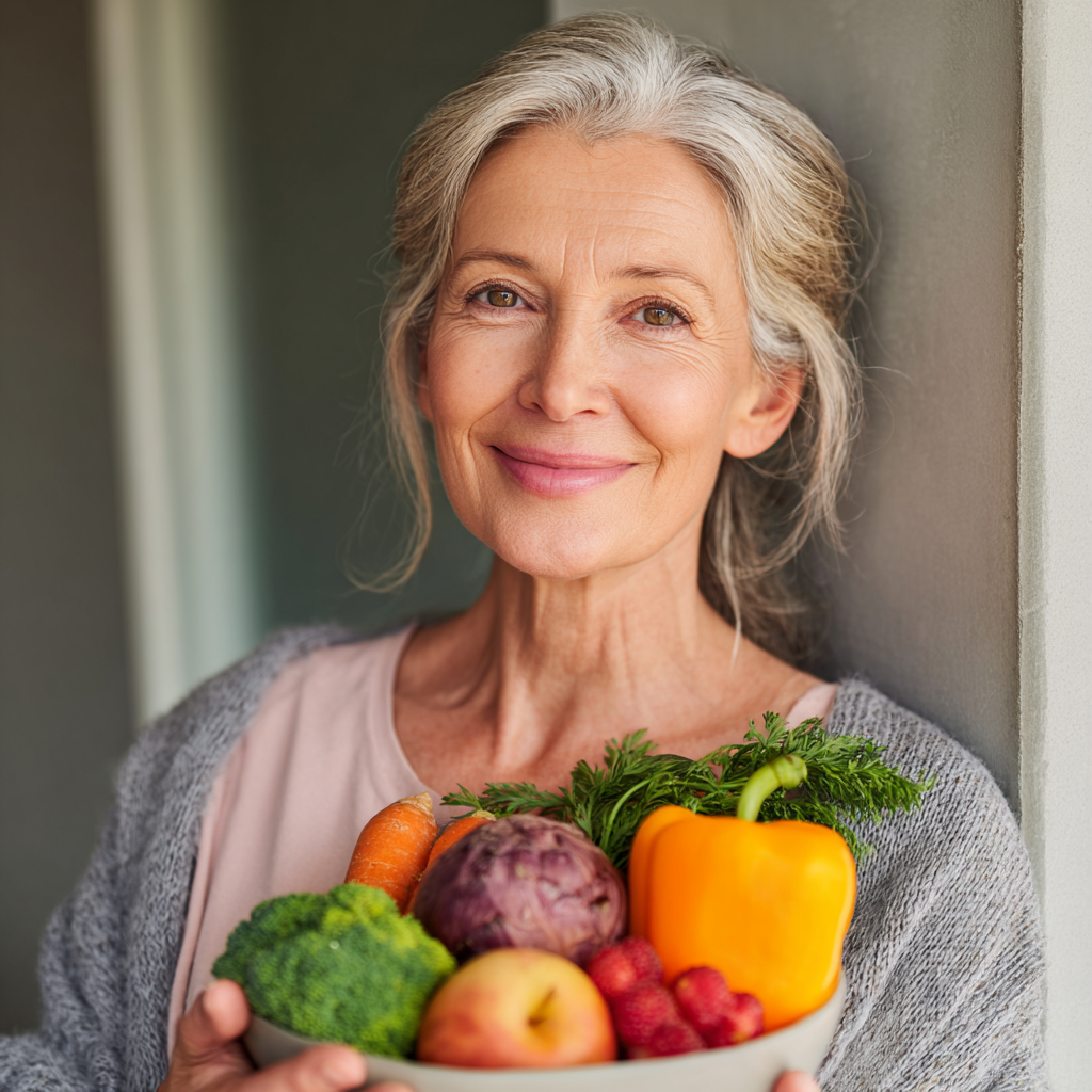 Усміхнена європейська жінка у віці 40+ готує здорову їжу з свіжих овочів та зелені на світлій кухні, демонструючи активний здоровий спосіб життя